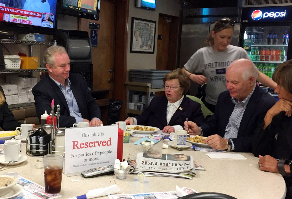 Sen.-elect Chris Van Hollen joins Maryland Senators Barbara Mikulski and Ben Cardin and Baltimore Mayor-elect Catherine Pugh for breakfast in Fell's Point on Wednesday, Nov. 9, 2016. The post-election breakfast is a tradition for Mikulski, who is retiring after 45 years of public service. (WTOP/John Aaron)