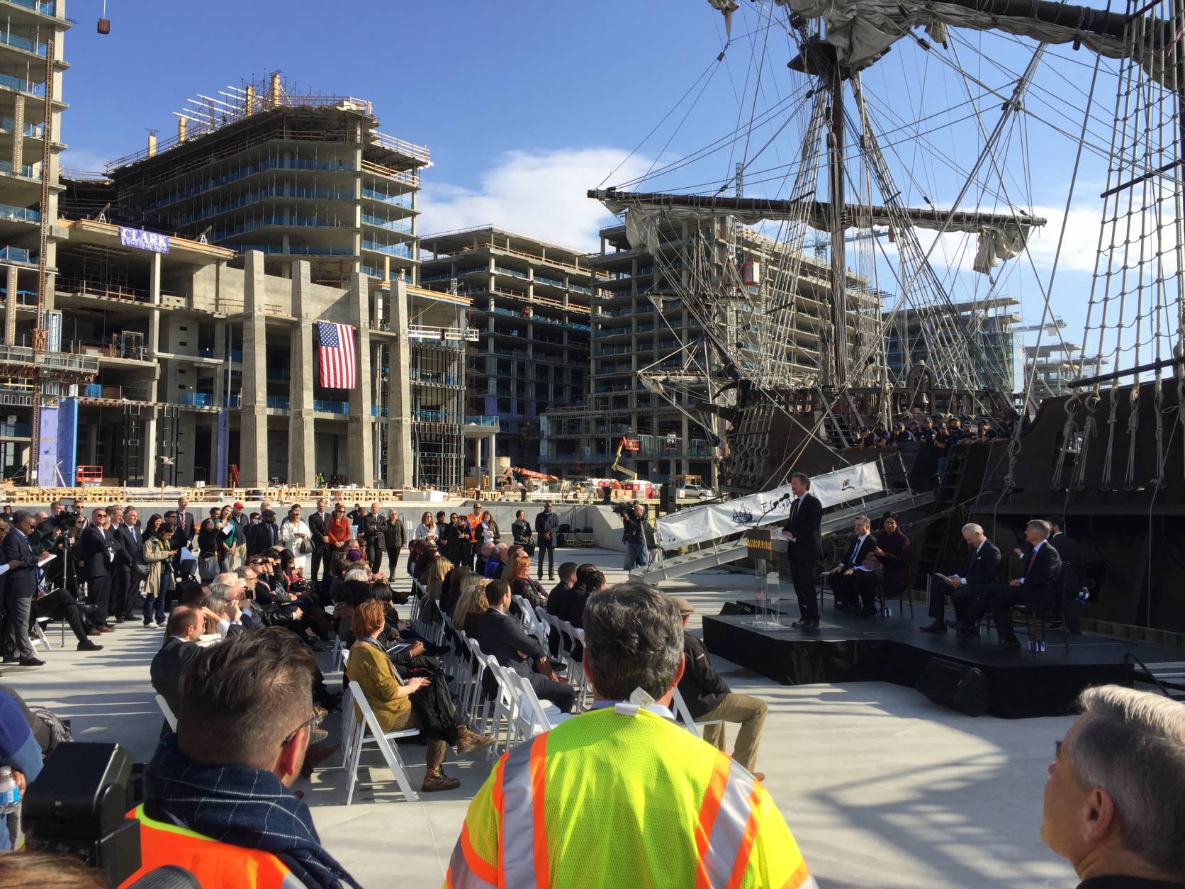 On Oct. 16, officials gather on what's to be D.C.'s new transit pier to announce plans to create a regional water taxi service. Also, the grand opening for the first phase of The Wharf is expected Oct. 12, 2017. (WTOP/Kristi King)