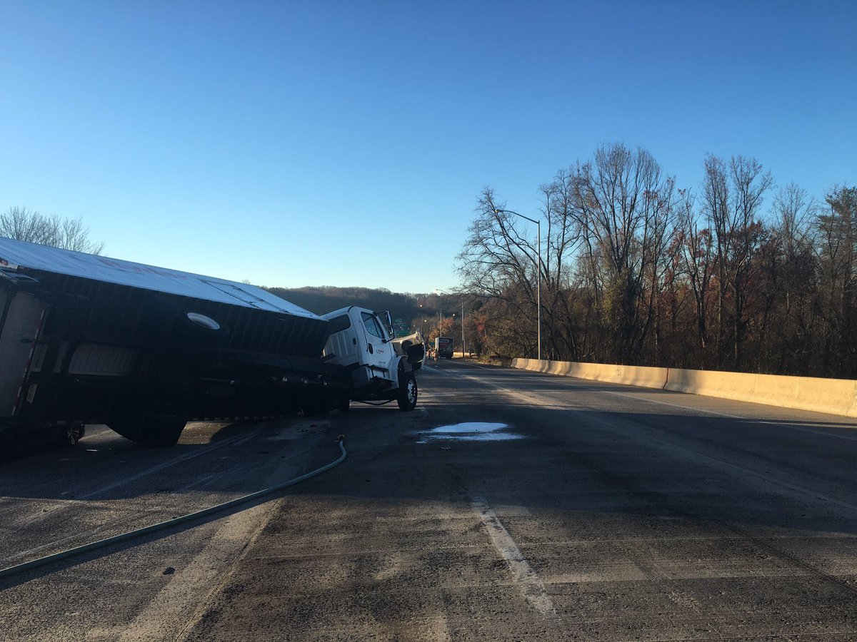 A truck is seen on top of two cars on the Outer Loop of the Capital Beltway at the American Legion Bridge on Nov. 23, 2016. (Courtesy Montgomery County Fire/Pete Piringer)