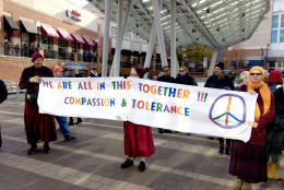 Participants prepare for an interfaith rally in downtown Silver Spring, Md. on Sunday, Nov. 20, 2016. (WTOP/Dick Uliano)