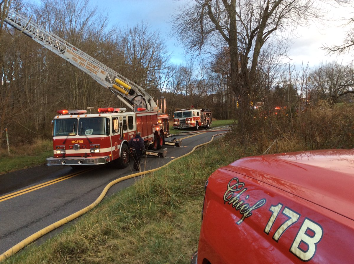 Emergency responders in Montgomery County, Md. contain a barnfire and a brush fire that broke out on Stringtown Road, near Kings Road, on Sunday, Nov. 20, 2016. (Courtesy of MCFRS/Pete Piringer via Twitter)
