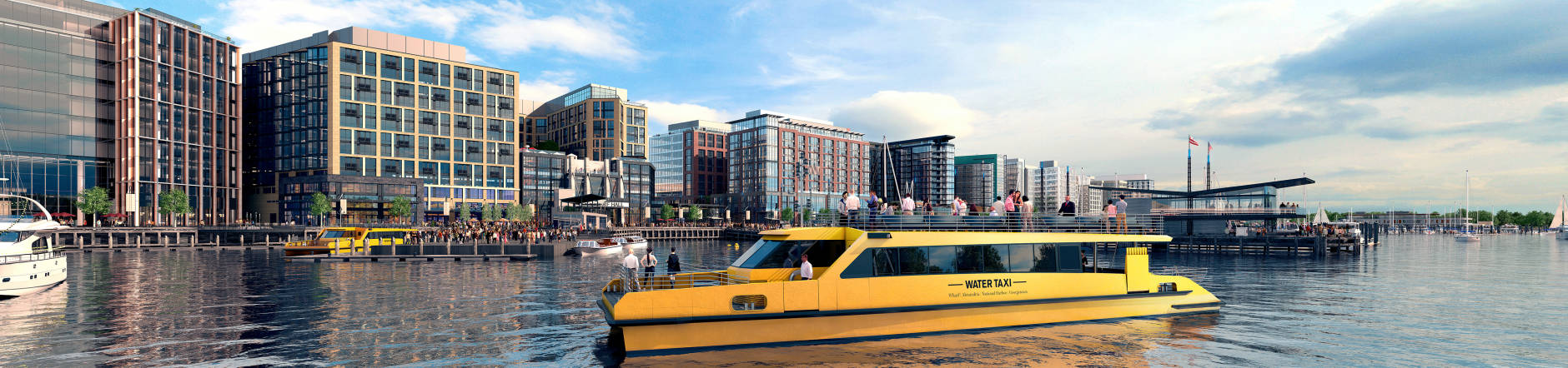 An artist's rendering depicts new water taxi boats being built for the Regional Water Taxi System. When District Wharf opens in October 2017, two of four new boats on order will complement an existing fleet of 13 taxi boats. (Courtesy The Wharf)