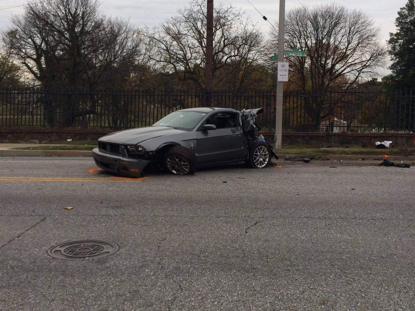 This car is part of the Baltimore crash scene involving a school bus and an MTA bus. (WTOP/Nick Iannelli)