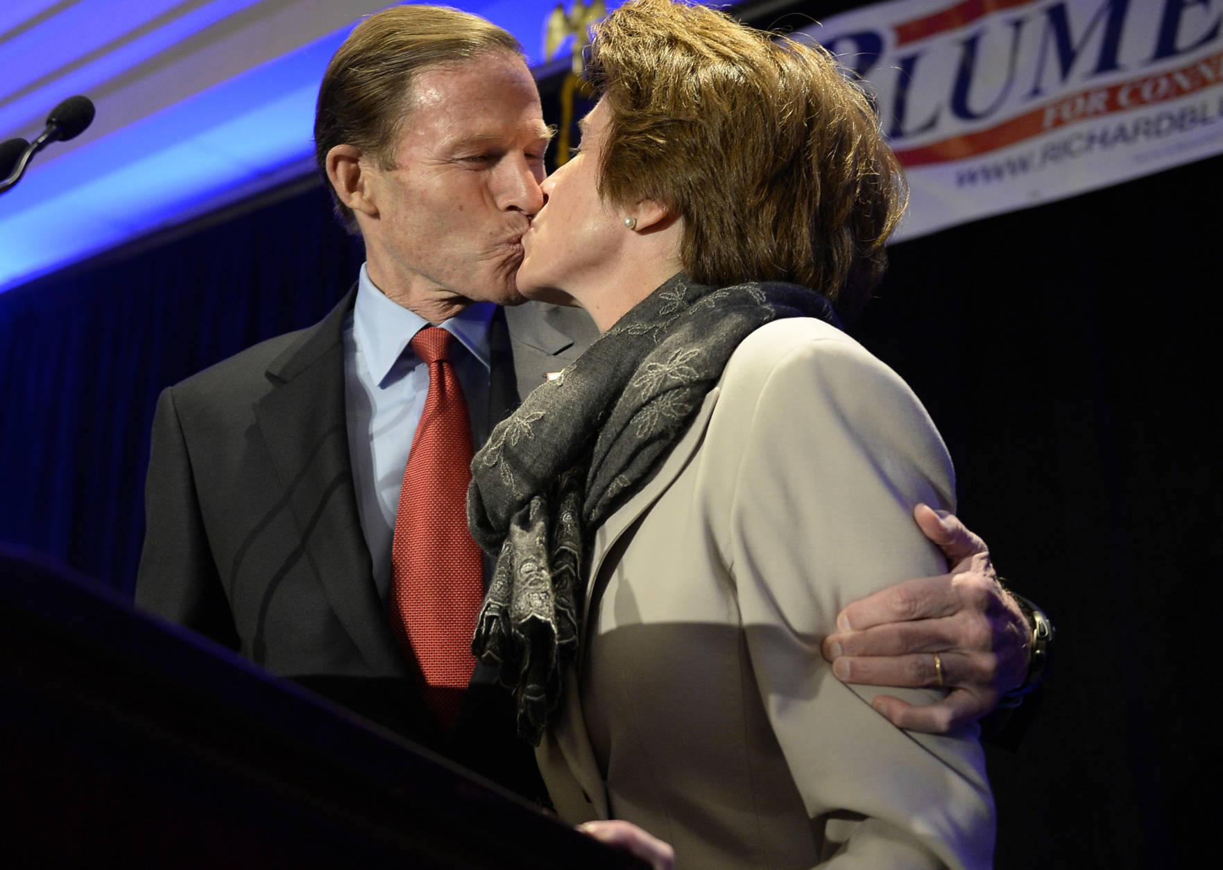 Sen. Richard Blumenthal, D-Conn., kisses his wife Cynthia at an election night rally celebrating his victory, Tuesday, Nov. 8, 2016, in Hartford, Conn. (AP Photo/Jessica Hill)