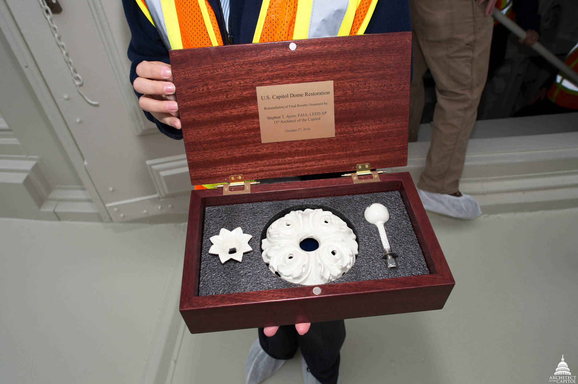 The final ornament to complete the Capitol dome's restoration, a rosette. (Architect of the Capitol)