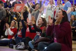 Virginia Democrats cheer as vote numbers are announced for the Presidential race during an election party in Falls Church, Va., Tuesday, Nov. 8, 2016. (AP Photo/Steve Helber)