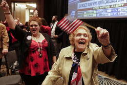 Lyn Thrasher, right, of Greensboro, N.C., and her daughter, Marley Thrasher, left, of Raleigh, N.C., cheer as they watch elections results at an election rally for North Carolina Gov. Pat McCrory in Raleigh, N.C., Tuesday, Nov. 8, 2016. (AP Photo/Chuck Burton)
