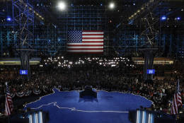 The stage remains empty late into the night at Democratic presidential nominee Hillary Clinton's election night rally in New York as the vote count in several states remains to close to call Wednesday, Nov. 9, 2016. (AP Photo/Matt Rourke)