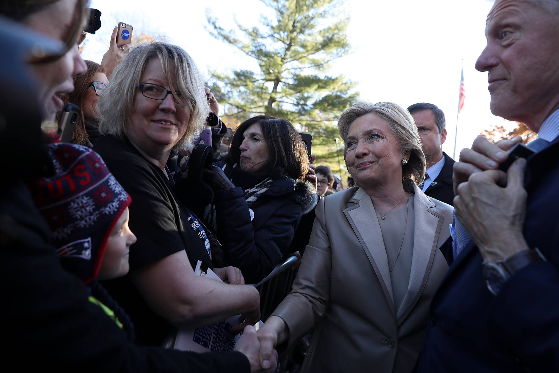 CHAPPAQUA, NY - NOVEMBER 08:  Democratic presidential nominee former Secretary of State Hillary Clinton greets supporters after voting at Douglas Grafflin Elementary School on November 8, 2016 in Chappaqua, New York. Hillary Clinton cast her ballot in the presidential election as the rest of America goes to the polls to decide between her and Republican presidential candidate Donald Trump.  (Photo by Justin Sullivan/Getty Images)