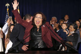 Sen.-elect Tammy Duckworth, D-Ill., celebrates her win over incumbent Sen. Mark Kirk, R-Ill., during her election night party, Tuesday, Nov. 8, 2016. (AP Photo/Charles Rex Arbogast)