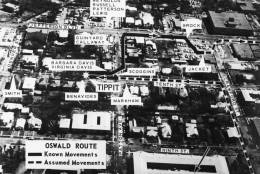 A map of Oak Cliff in Dallas, showing the location of eyewitnesses to the movements of Lee Harvey Oswald in the vicinity of the killing of police officer J. D. Tippit, 22nd November 1963. Tippit was shot by Oswald whilst attempting to bring him in for questioning in relation to the assassination of President John F. Kennedy. (Photo by Central Press/Hulton Archive/Getty Images)