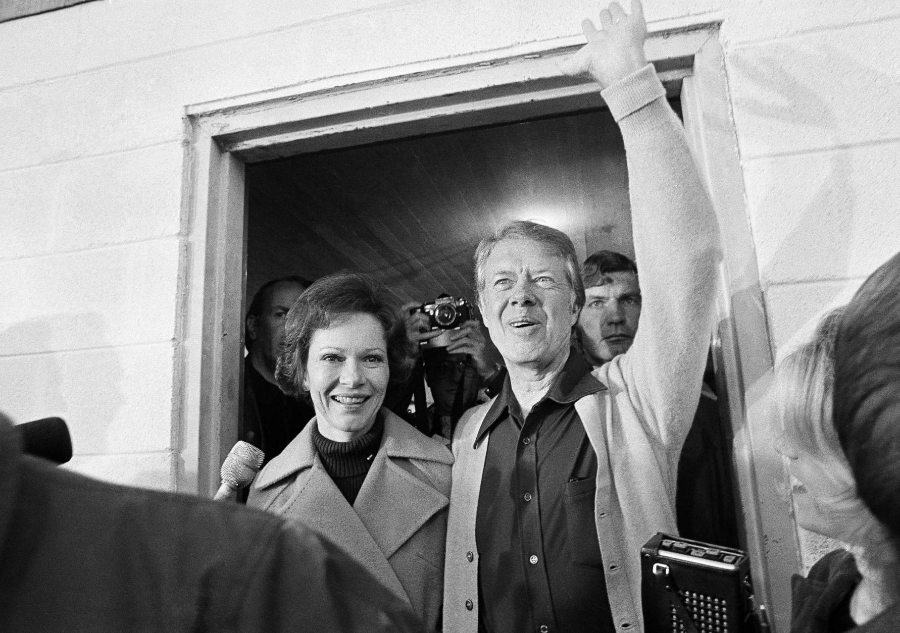 Democratic presidential candidate Jimmy Carter and his wife Rosalynn depart the Plains, Ga.,  polling place, Nov. 2, 1976.  The candidate was the fifth person to vote in his precinct. The former governor will spend the day resting up for an evening in Atlanta where he will watch the returns. (AP Photo)