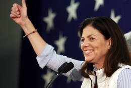 Republican Sen. Kelly Ayotte thanks supporters Wednesday morning, Nov. 9, 2016, after telling them her race with Democratic challenger for Senate, Gov. Maggie Hassan was too close to call in Concord, N.H. (AP Photo/Jim Cole)