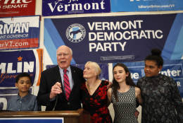 Democratic Sen. Patrick Leahy speaks to supporters after his re-election over Republican challenger Scott Milne Tuesday, Nov. 8, 2016, in Burlington, Vt. Leahy's wife,  Marcelle Leahy, and their grandchildren, accompany him onstage. (AP Photo/Robert F. Bukaty)