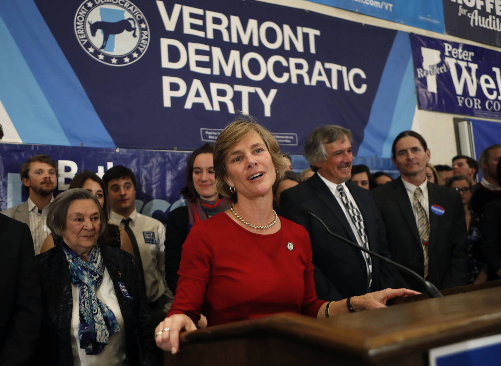 Democratic gubernatorial candidate Sue Minter speaks to supporters after conceding to Republican Phil Scott, Tuesday, Nov. 8, 2016, in Burlington, Vt. (AP Photo/Robert F. Bukaty)