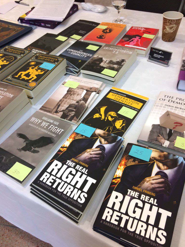 Books were for sale at a meeting of an "Alt Right" group at the Ronald Reagan Building and International Trade Center on Saturday, Nov. 19, 2016. (WTOP/Dick Uliano)