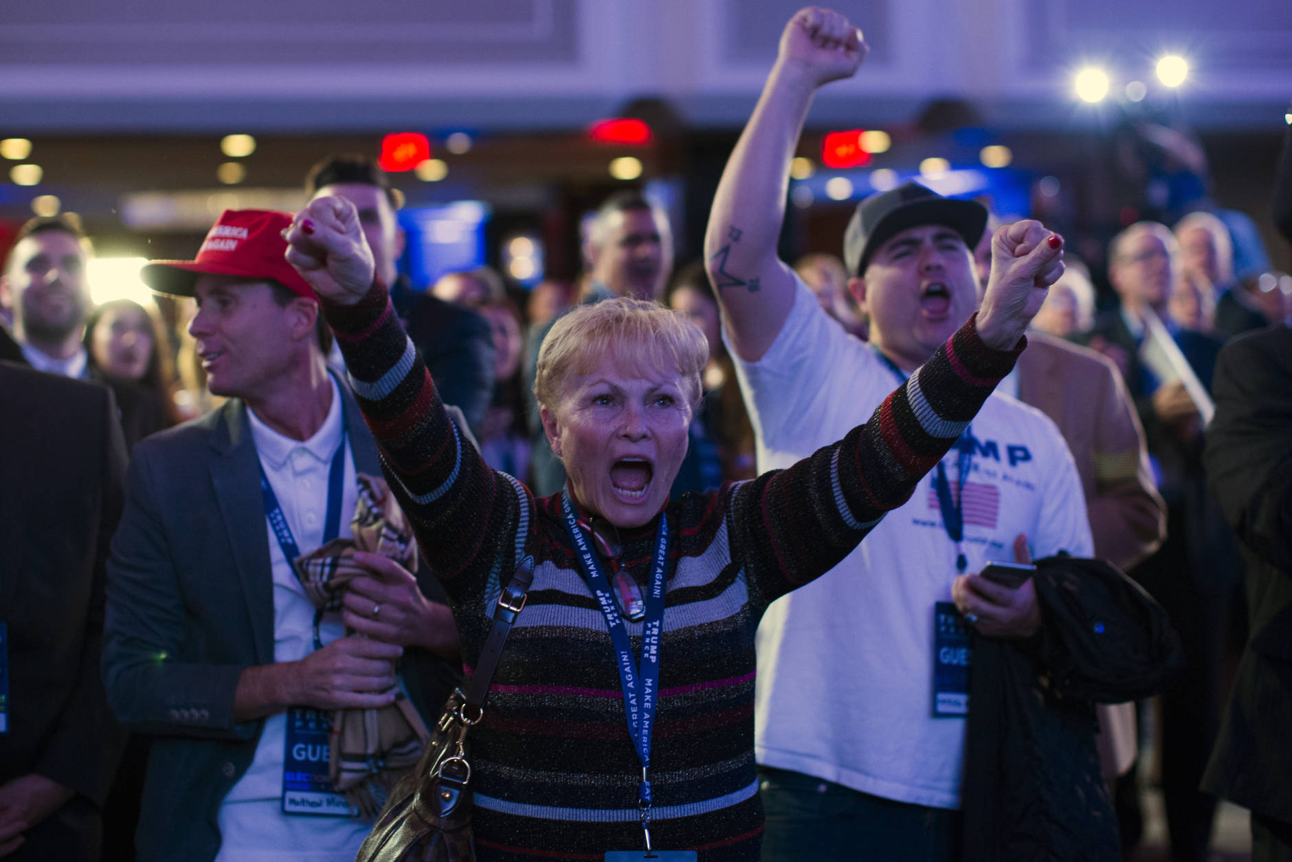 Supporters of Republican presidential candidate Donald Trump cheer during an election night rally, Tuesday, Nov. 8, 2016, in New York. (AP Photo/ Evan Vucci)