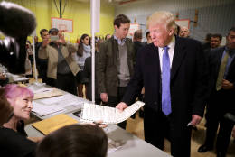 NEW YORK, NY - NOVEMBER 08:  Republican presidential nominee Donald Trump collects his ballot with his son-in-law Jared Kushner on Election Day at PS 59 November 8, 2016 in New York City. Trump's marathon final two days of campaigning marched through 10 cities in two days, stretching into Election Day.  (Photo by Chip Somodevilla/Getty Images)