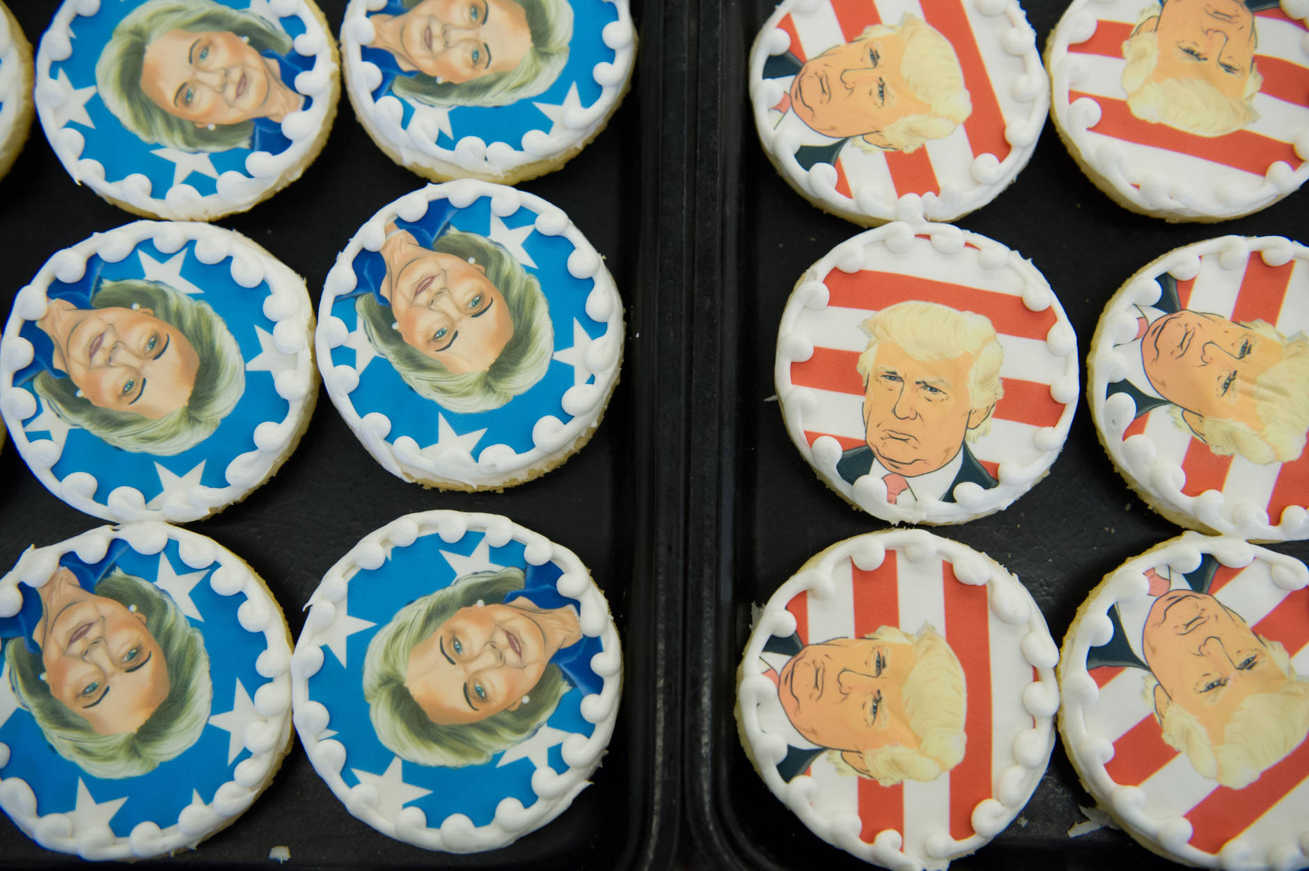 OAKMONT, PA - NOVEMBER 8: Donald Trump and Hillary Clinton cookies are on sale at the Oakmont Bakery on November 8, 2016 in Oakmont, Pennsylvania.  Trump leads the cookie-purchase tally with 63% of the purchases, with a total of 2609 Trump cookies and 1512 Hillary cookies sold as of election day as Americans go to the polls to decide on their next president.  (Photo by Jeff Swensen/Getty Images)