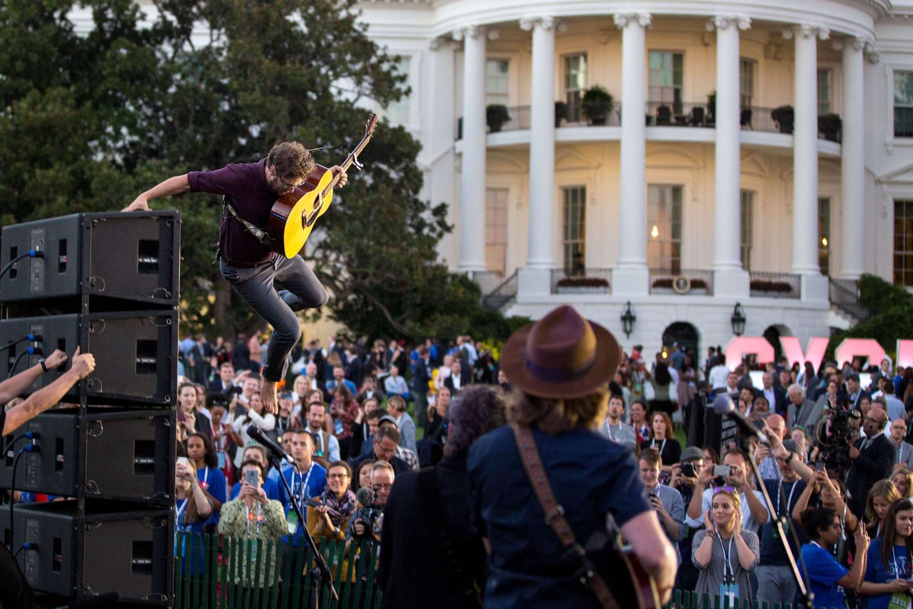 Oct. 3, 2016
“I’m a big fan of The Lumineers but had never seen them perform live. So I was excited when I heard they were the headliners during the South by South Lawn (SXSL) event at the White House. Before their performance, I asked them if I could go on the stage so I could line up the White House in the background. What I didn’t expect was guitarist Stelth Ulvang to jump on top of one of the speakers during their set. And though my composition wasn’t perfect, I was able to catch the moment when he leapt off.” (Official White House Photo by Pete Souza)