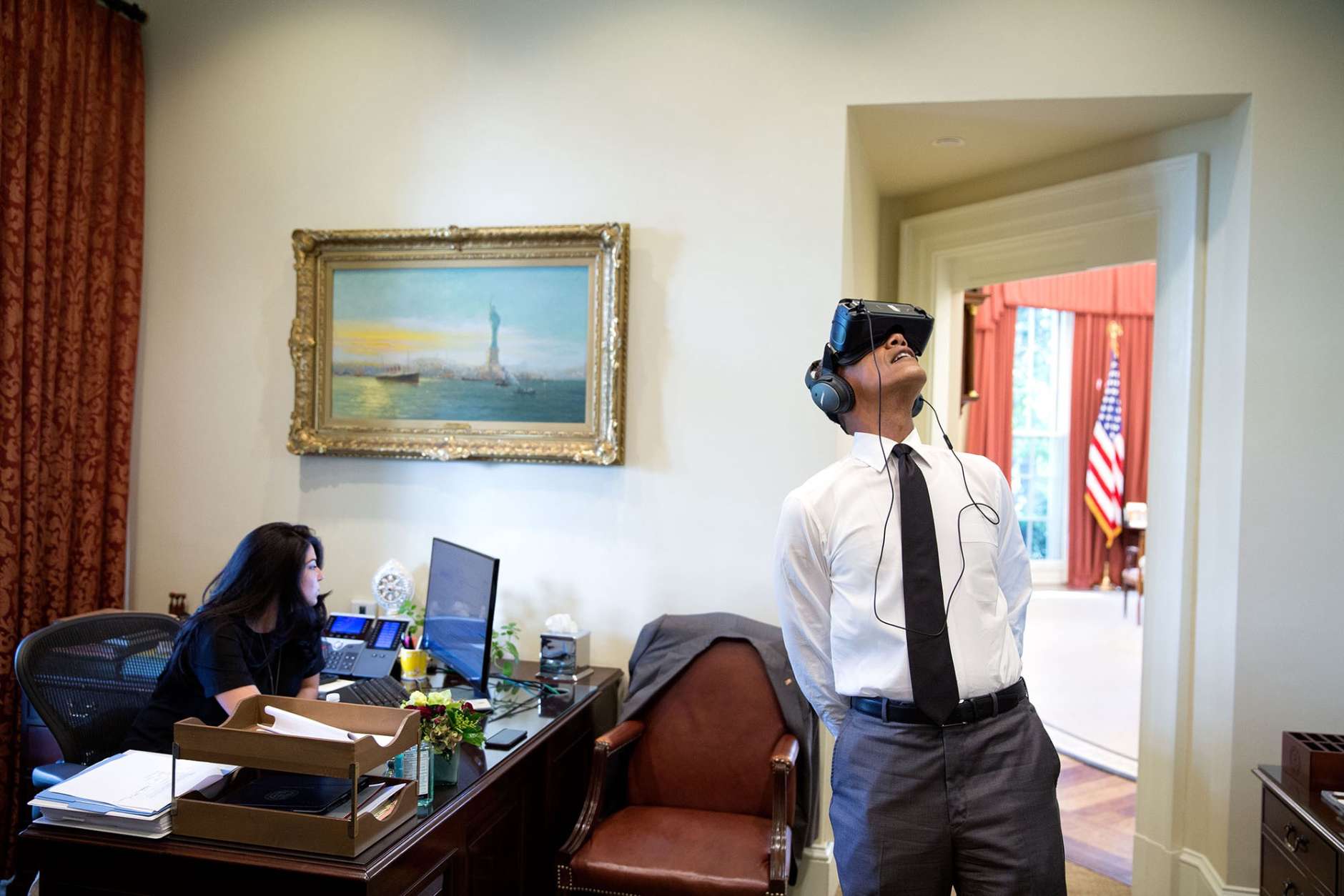 Aug. 24, 2016
“President Obama watches a virtual reality film captured during his trip to Yosemite National Park earlier this summer as Personal Aide Ferial Govashiri continues working at her computer.” (Official White House Photo by Pete Souza)