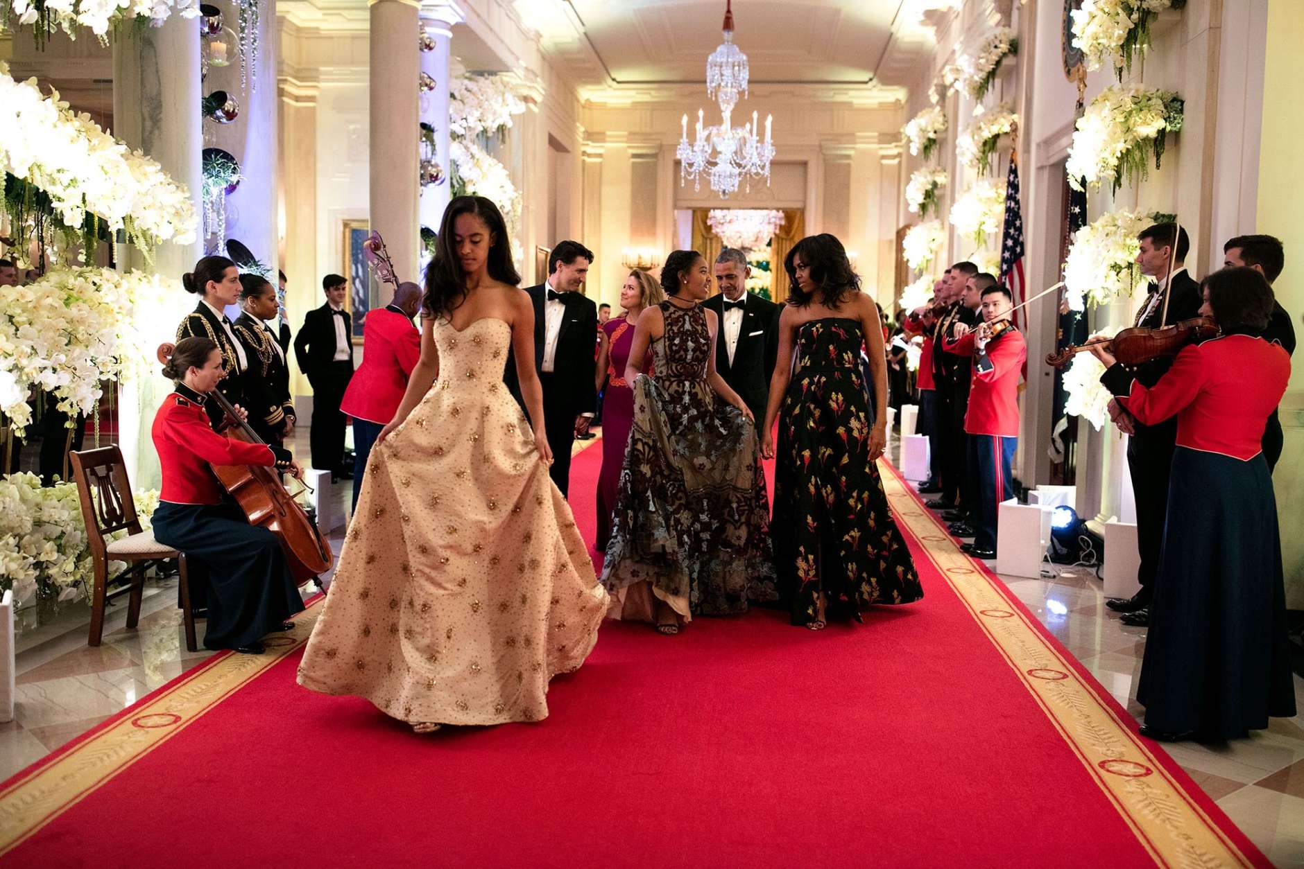 “What an honor to watch these girls grow up. Malia, foreground, and Sasha were both invited guests for the State Dinner in honor of Prime Minister Justin Trudeau of Canada and Mrs. Sophie Grégoire-Trudeau. Following the actual sit-down dinner in the East Room, they made their way down the Great Hall to the State Dining Room for the musical entertainment.” (Official White House Photo by Pete Souza)