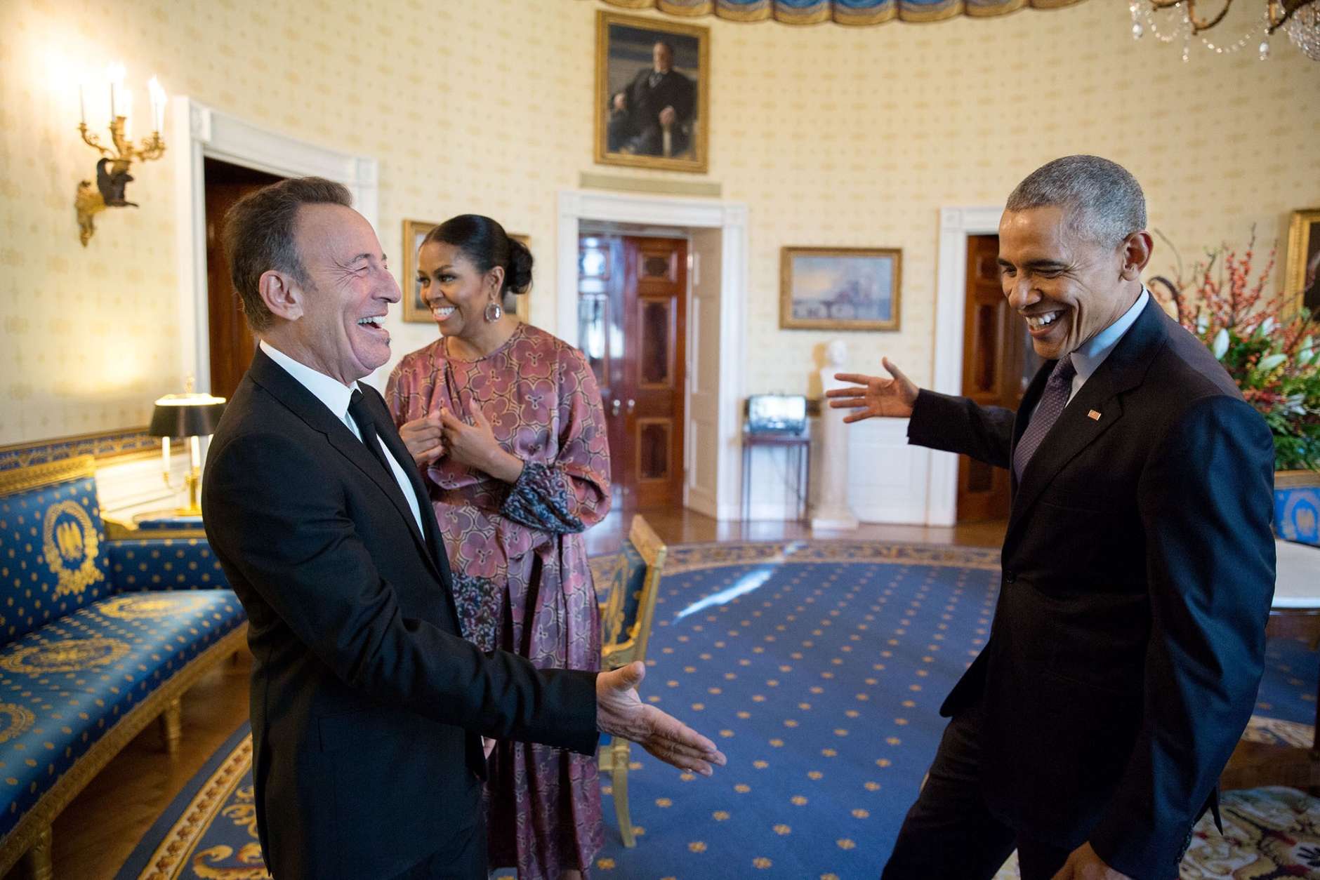 Nov. 22, 2016
“Bruuuuuce! The President reaches out to shake hands with Bruce Springsteen in the Blue Room of the White House prior to the Presidential Medal of Freedom ceremony. I’m so happy for Bruce, having been a fan of his for almost 30 years during which I’ve seen at least 35 of his concerts.” (Official White House Photo by Pete Souza)
