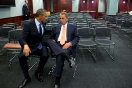 March 13, 2013
"The President talks with House Speaker John Boehner after the President participated in a Q&amp;A with the House Republican Conference at the U.S. Capitol." 
(Official White House Photo by Pete Souza)

This official White House photograph is being made available only for publication by news organizations and/or for personal use printing by the subject(s) of the photograph. The photograph may not be manipulated in any way and may not be used in commercial or political materials, advertisements, emails, products, promotions that in any way suggests approval or endorsement of the President, the First Family, or the White House.
