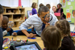 Feb. 14, 2013
"The President genuinely enjoys being with kids. Here, he played a magnifying glass game with children during a visit to a pre-kindergarten classroom at the College Heights Early Childhood Learning Center in Decatur, Georgia." 
(Official White House Photo by Pete Souza)

This official White House photograph is being made available only for publication by news organizations and/or for personal use printing by the subject(s) of the photograph. The photograph may not be manipulated in any way and may not be used in commercial or political materials, advertisements, emails, products, promotions that in any way suggests approval or endorsement of the President, the First Family, or the White House.