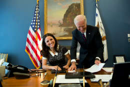 April 12, 2013
"Filling in for David Lienemann, Lawrence Jackson made this photograph of the real Vice President, with Julia-Louise Dreyfus, star of the HBO show Veep', in his West Wing office of the White House."
(Official White House Photo by Lawrence Jackson)

This official White House photograph is being made available only for publication by news organizations and/or for personal use printing by the subject(s) of the photograph. The photograph may not be manipulated in any way and may not be used in commercial or political materials, advertisements, emails, products, promotions that in any way suggests approval or endorsement of the President, the First Family, or the White House.