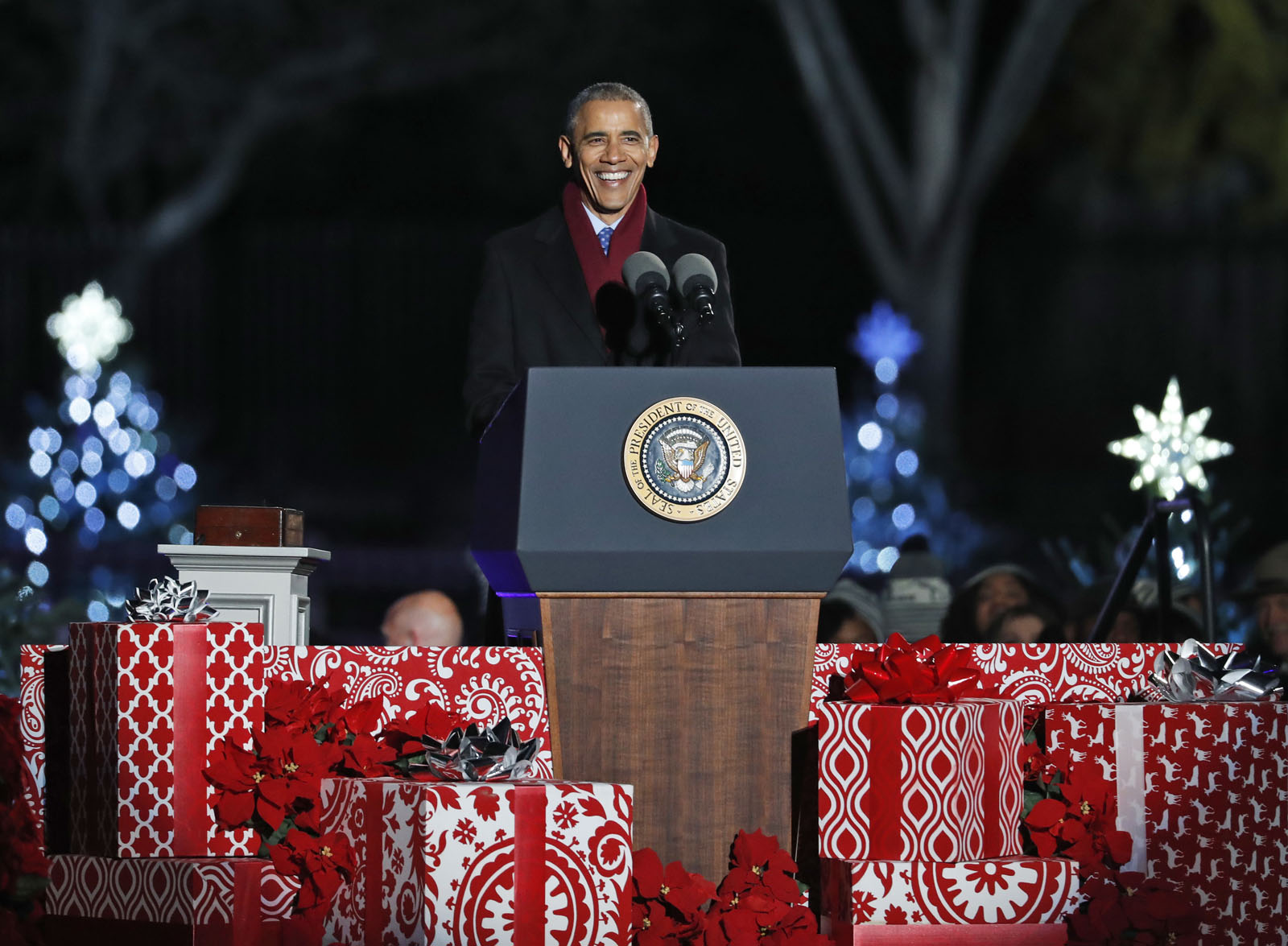 President Barack Obama speaks during the lighting ceremony for the 2016 National Christmas Tree on the Ellipse near the White House, Thursday, Dec. 1, 2016 in Washington. (AP Photo/Alex Brandon)