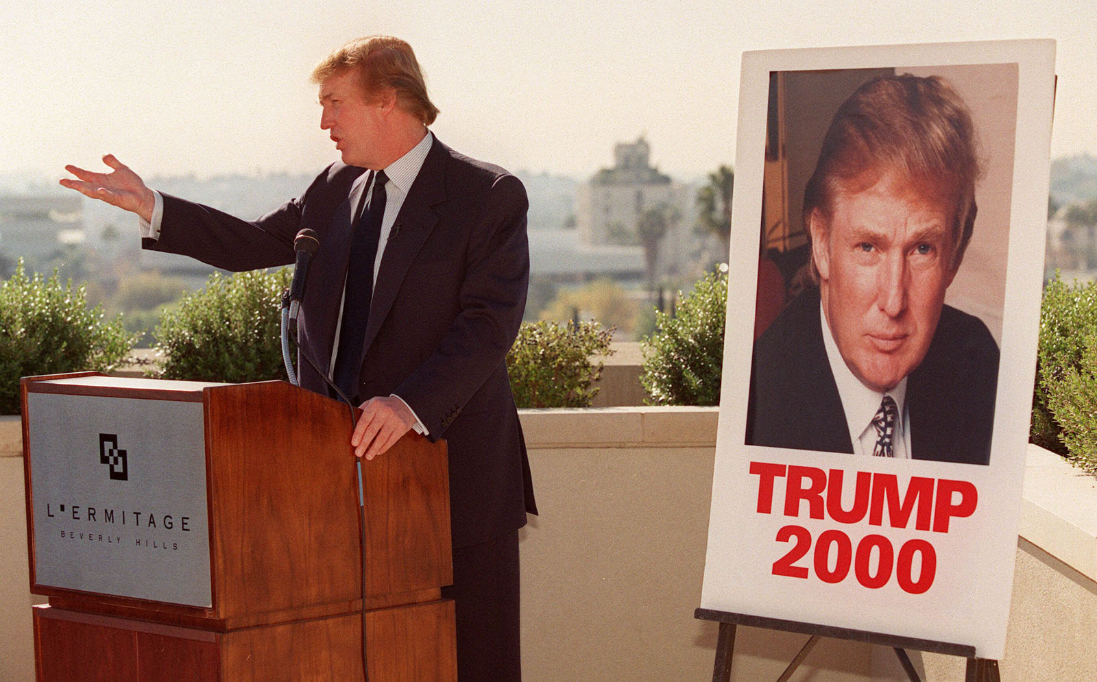 New York billionaire real estate tycoon Donald Trump made an appearance for the media atop a Beverly Hills, Calif., hotel  Monday, Dec. 6, 1999. The potential Reform Party presidential candidate is in the Southern California area to address party leaders and to test the political waters.  (AP Photo/Chris Pizzello)
