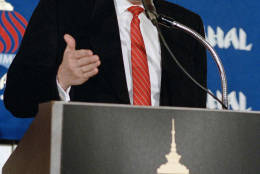 Real estate mogul Donald Trump gestures during a news conference in New York, announcing the opening of his Taj Mahal Resort Casino in Atlantic City, N.J., Feb. 28, 1989. The casino will open spring of 1990, pending licensure, and will have 42 stories and 120,000 feet of gambling space, making it New Jersey's tallest building and the world's largest gambling space. (AP Photo/David Cantor)