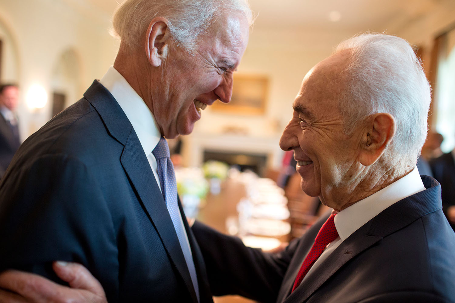 Vice President Joe Biden greets President Shimon Peres of Israel prior to lunch in the Cabinet Room of the White House, June 25, 2014. (Official White House Photo by Pete Souza)

This official White House photograph is being made available only for publication by news organizations and/or for personal use printing by the subject(s) of the photograph. The photograph may not be manipulated in any way and may not be used in commercial or political materials, advertisements, emails, products, promotions that in any way suggests approval or endorsement of the President, the First Family, or the White House.