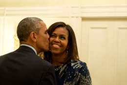 Dec. 3, 2014
"The First Lady and I both spotted the President standing under the mistletoe and she moved in to grab a kiss from him following a dinner for Combatant Commanders and military leadership at Blair House in Washington, D.C." 
(Official White House Photo by Pete Souza)

This official White House photograph is being made available only for publication by news organizations and/or for personal use printing by the subject(s) of the photograph. The photograph may not be manipulated in any way and may not be used in commercial or political materials, advertisements, emails, products, promotions that in any way suggests approval or endorsement of the President, the First Family, or the White House.