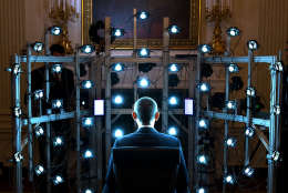 June 9, 2014
"The President sits for a 3D portrait being produced by the Smithsonian Institution. There were so many cameras and strobe lights flashing but the end result was kind of cool. See the video at this link: http://1.usa.gov/1zhPtAf."
(Official White House Photo by Pete Souza)

This official White House photograph is being made available only for publication by news organizations and/or for personal use printing by the subject(s) of the photograph. The photograph may not be manipulated in any way and may not be used in commercial or political materials, advertisements, emails, products, promotions that in any way suggests approval or endorsement of the President, the First Family, or the White House.