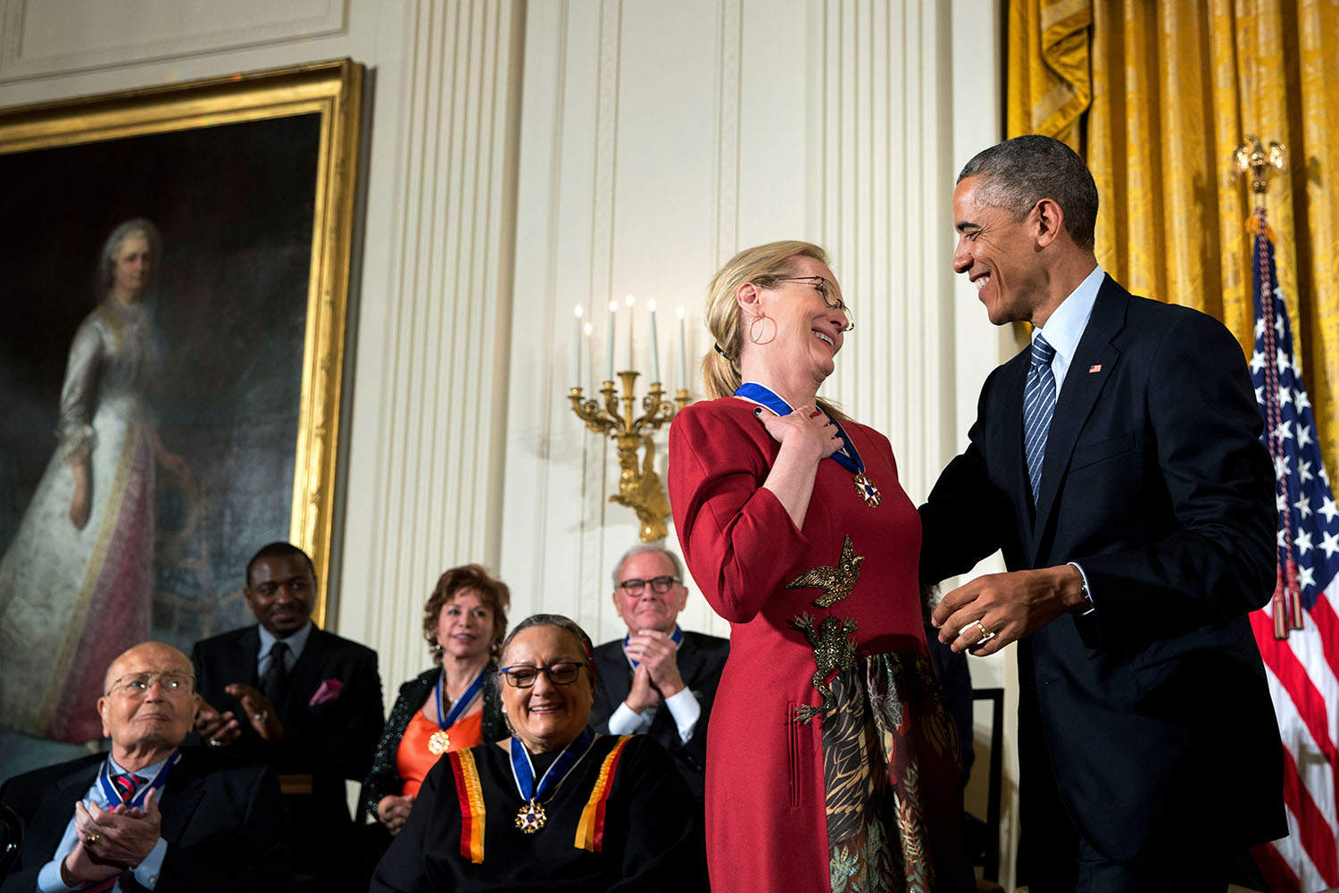President Barack Obama presents the Presidential Medal of Freedom to actress Meryl Streep during a ceremony in the East Room of the White House, Nov. 24, 2014. (Official White House Photo by Pete Souza)

This official White House photograph is being made available only for publication by news organizations and/or for personal use printing by the subject(s) of the photograph. The photograph may not be manipulated in any way and may not be used in commercial or political materials, advertisements, emails, products, promotions that in any way suggests approval or endorsement of the President, the First Family, or the White House.