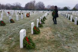 A woman stands in Arlington Cemetery, where the 25th annual Wreaths Across America ceremony to honor veterans took place on an icy morning Dec. 17, 2016. (WTOP Kathy Stewart)