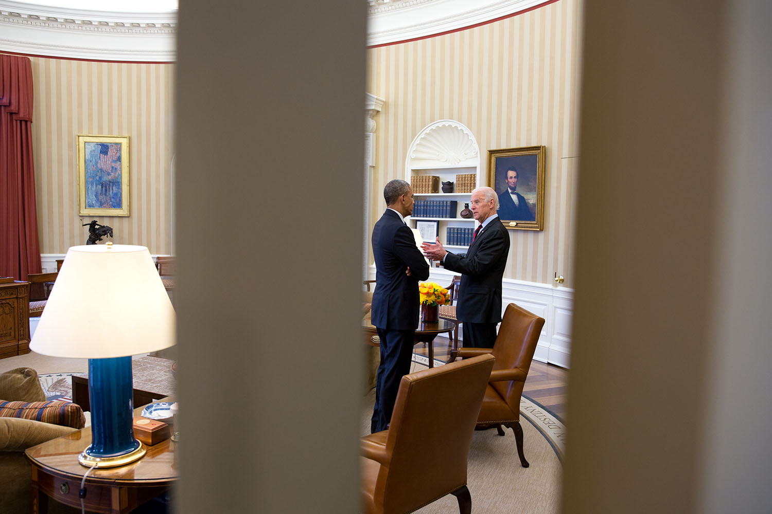 President Barack Obama talks with Vice President Joe Biden in the Oval Office, April 15, 2015. (Official White House Photo by Chuck Kennedy)

This official White House photograph is being made available only for publication by news organizations and/or for personal use printing by the subject(s) of the photograph. The photograph may not be manipulated in any way and may not be used in commercial or political materials, advertisements, emails, products, promotions that in any way suggests approval or endorsement of the President, the First Family, or the White House.