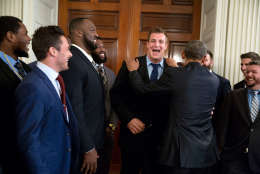 President Barack Obama jokes with tight end Rob Gronkowski, as he greets the New England Patriots in the State Dining Room, prior to an event to honor the team and their Super Bowl XLIX victory, at the White House, April 23, 2015. (Official White House Photo by Pete Souza)

This official White House photograph is being made available only for publication by news organizations and/or for personal use printing by the subject(s) of the photograph. The photograph may not be manipulated in any way and may not be used in commercial or political materials, advertisements, emails, products, promotions that in any way suggests approval or endorsement of the President, the First Family, or the White House.