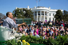 President Barack Obama reads "Where the Wild Things Are" by Maurice Sendak to children during the annual Easter Egg Roll on the South Lawn of the White House, April 6, 2015. (Official White House Photo by Pete Souza)

This official White House photograph is being made available only for publication by news organizations and/or for personal use printing by the subject(s) of the photograph. The photograph may not be manipulated in any way and may not be used in commercial or political materials, advertisements, emails, products, promotions that in any way suggests approval or endorsement of the President, the First Family, or the White House.