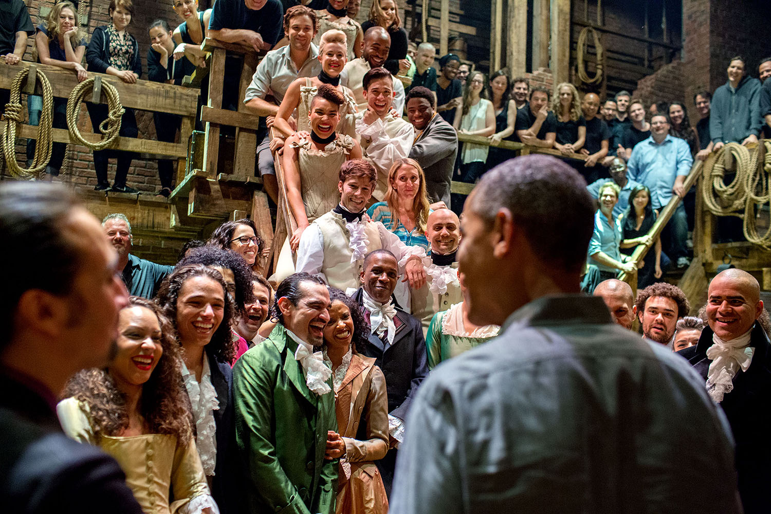 July 18, 2015
"The President greets the cast and crew of 'Hamilton' after seeing the play with his daughters at the Richard Rodgers Theatre in New York City." (Official White House Photo by Pete Souza)
This official White House photograph is being made available only for publication by news organizations and/or for personal use printing by the subject(s) of the photograph. The photograph may not be manipulated in any way and may not be used in commercial or political materials, advertisements, emails, products, promotions that in any way suggests approval or endorsement of the President, the First Family, or the White House.