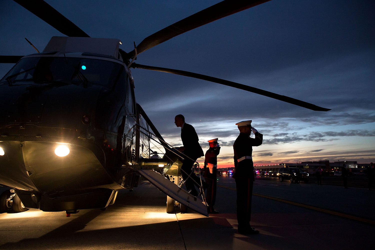 Nov. 2, 2105
"At dusk, the President boards Marine One at Newark Liberty International Airport in Newark, N.J." (Official White House Photo by Pete Souza)
This official White House photograph is being made available only for publication by news organizations and/or for personal use printing by the subject(s) of the photograph. The photograph may not be manipulated in any way and may not be used in commercial or political materials, advertisements, emails, products, promotions that in any way suggests approval or endorsement of the President, the First Family, or the White House.