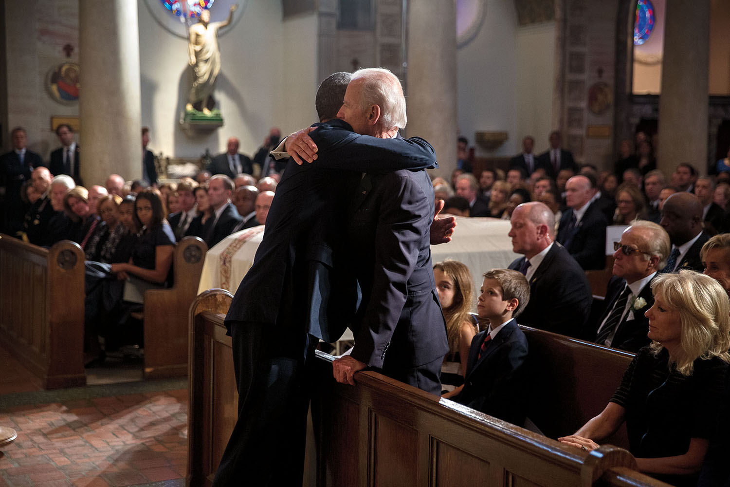 June 6, 2015
"The President hugs Vice President Joe Biden after delivering a eulogy during the funeral mass for Beau Biden at St. Anthony of Padua Catholic Church in Wilmington, Del." (Official White House Photo by Pete Souza)
This official White House photograph is being made available only for publication by news organizations and/or for personal use printing by the subject(s) of the photograph. The photograph may not be manipulated in any way and may not be used in commercial or political materials, advertisements, emails, products, promotions that in any way suggests approval or endorsement of the President, the First Family, or the White House.