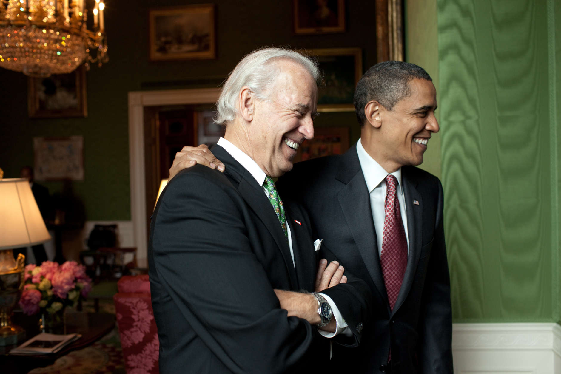 President Barack Obama and Vice President Joe Biden greet participants of the Fatherhood Town Hall in the Green Room at the White House, June 19, 2009. (Official White House Photo by Pete Souza)

This official White House photograph is being made available for publication by news organizations and/or for personal use printing by the subject(s) of the photograph. The photograph may not be manipulated in any way or used in materials, advertisements, products, or promotions that in any way suggest approval or endorsement of the President, the First Family, or the White House.