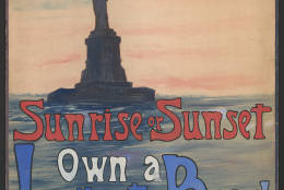 Eugenie, De Land, Sunrise or sunset own a Liberty Bond, 1917, poster design drawing