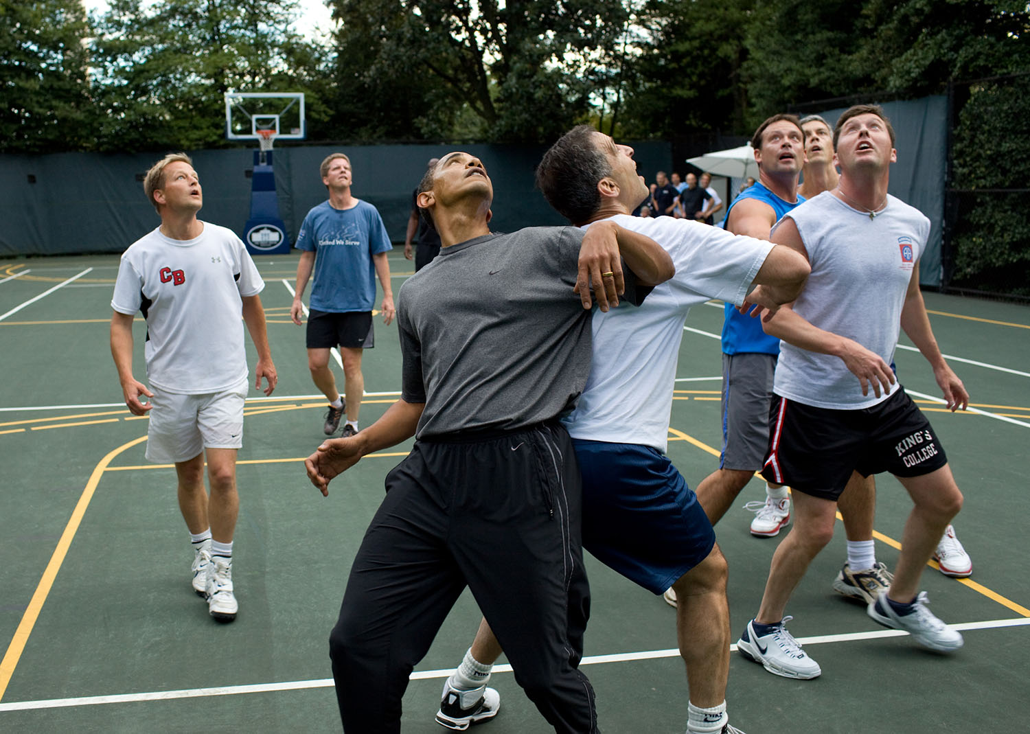 Oct. 8, 2009
“The President jockeys for a rebound with Congressmen during a basketball game at the White House. I think opponents are always surprised at how tough and competitive he can be.”
(Official White House photo by Pete Souza)

This official White House photograph is being made available only for publication by news organizations and/or for personal use printing by the subject(s) of the photograph. The photograph may not be manipulated in any way and may not be used in commercial or political materials, advertisements, emails, products, promotions that in any way suggests approval or endorsement of the President, the First Family, or the White House.