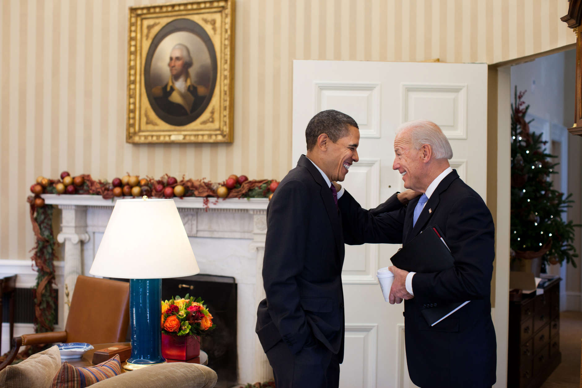 President Barack Obama jokes with Vice President Joe Biden in the Oval Office, Dec. 21, 2010. (Official White House Photo by Pete Souza)

This official White House photograph is being made available only for publication by news organizations and/or for personal use printing by the subject(s) of the photograph. The photograph may not be manipulated in any way and may not be used in commercial or political materials, advertisements, emails, products, promotions that in any way suggests approval or endorsement of the President, the First Family, or the White House. 