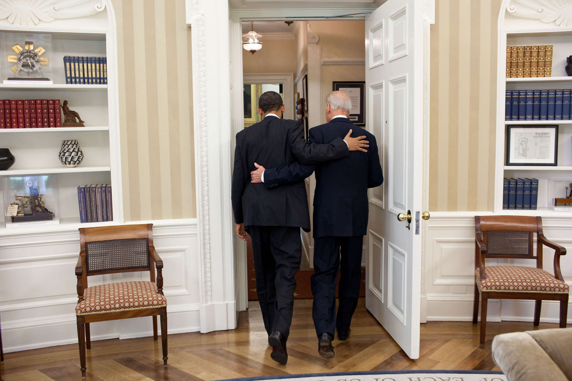 President Barack Obama and Vice President Joe Biden head towards the Oval Office Private Dining Room for lunch, May 4, 2011. (Official White House Photo by Pete Souza)

This official White House photograph is being made available only for publication by news organizations and/or for personal use printing by the subject(s) of the photograph. The photograph may not be manipulated in any way and may not be used in commercial or political materials, advertisements, emails, products, promotions that in any way suggests approval or endorsement of the President, the First Family, or the White House.Ê