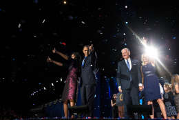 Nov. 6, 2012 (Election Day)
"David Lienemann captured the Obamas and Bidens following the President’s election night remarks at McCormick Place in Chicago."
(Official White House Photo by David Lienemann)

This official White House photograph is being made available only for publication by news organizations and/or for personal use printing by the subject(s) of the photograph. The photograph may not be manipulated in any way and may not be used in commercial or political materials, advertisements, emails, products, promotions that in any way suggests approval or endorsement of the President, the First Family, or the White House.